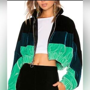 Frankie B Los Angeles Cropped Velour Jacket Colorblock Ring Zip